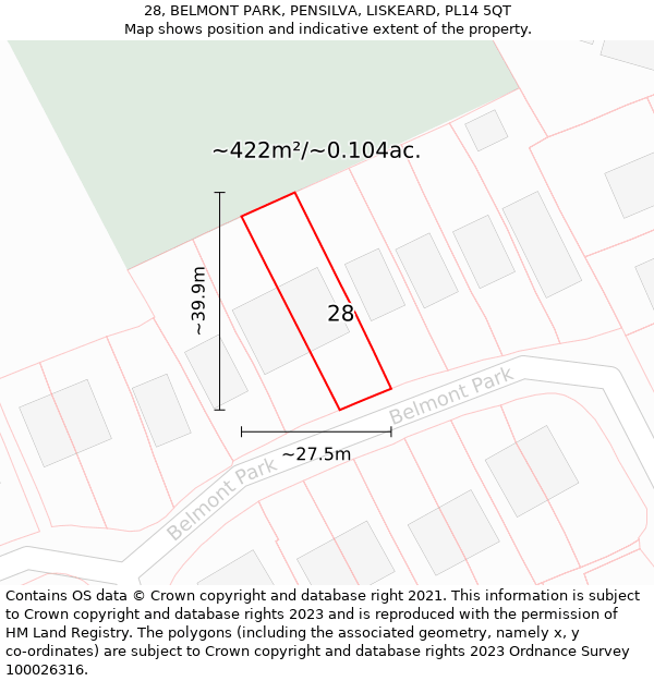 28, BELMONT PARK, PENSILVA, LISKEARD, PL14 5QT: Plot and title map