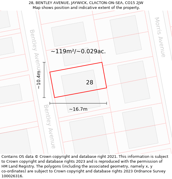 28, BENTLEY AVENUE, JAYWICK, CLACTON-ON-SEA, CO15 2JW: Plot and title map
