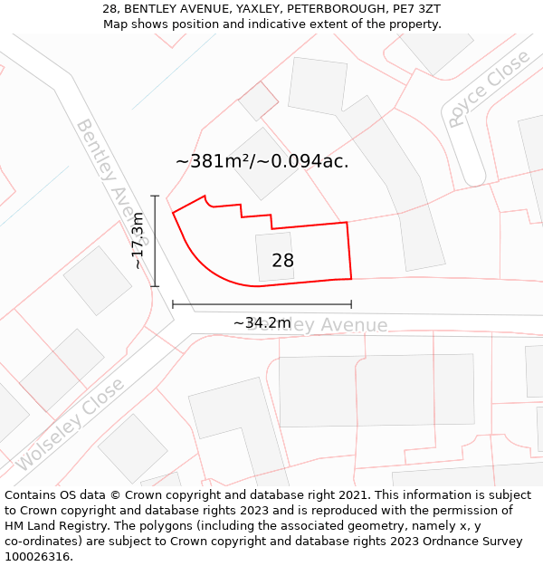 28, BENTLEY AVENUE, YAXLEY, PETERBOROUGH, PE7 3ZT: Plot and title map