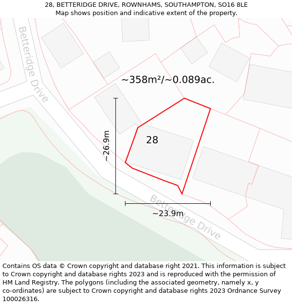 28, BETTERIDGE DRIVE, ROWNHAMS, SOUTHAMPTON, SO16 8LE: Plot and title map