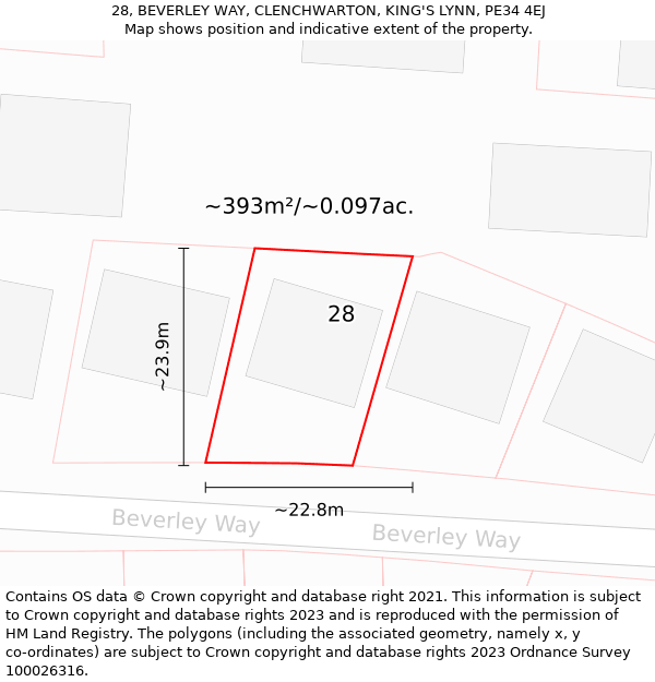 28, BEVERLEY WAY, CLENCHWARTON, KING'S LYNN, PE34 4EJ: Plot and title map