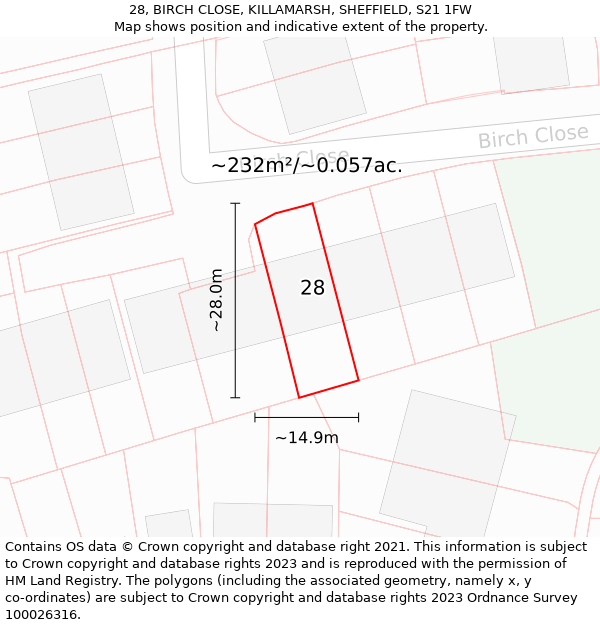 28, BIRCH CLOSE, KILLAMARSH, SHEFFIELD, S21 1FW: Plot and title map