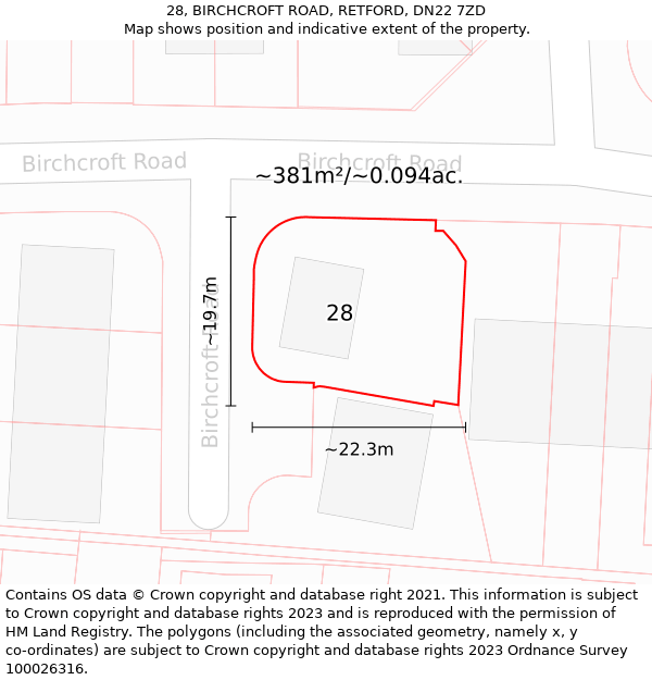 28, BIRCHCROFT ROAD, RETFORD, DN22 7ZD: Plot and title map