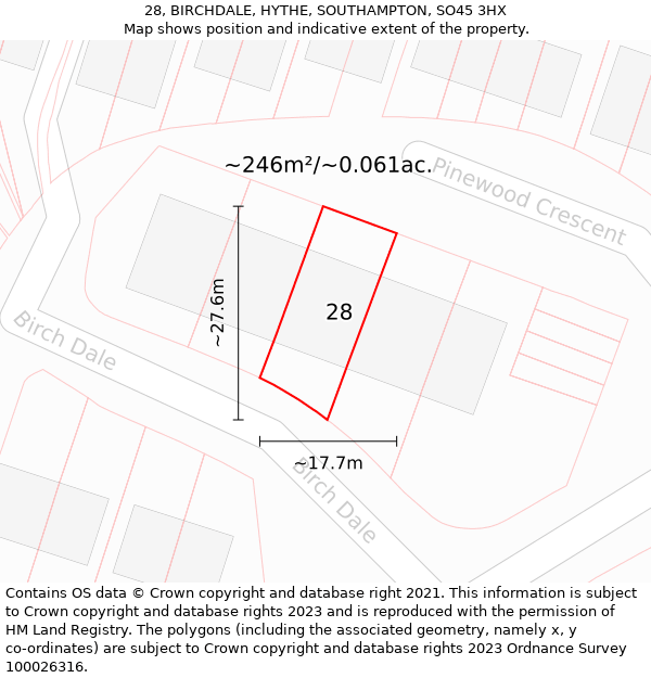 28, BIRCHDALE, HYTHE, SOUTHAMPTON, SO45 3HX: Plot and title map