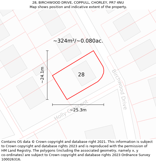 28, BIRCHWOOD DRIVE, COPPULL, CHORLEY, PR7 4NU: Plot and title map