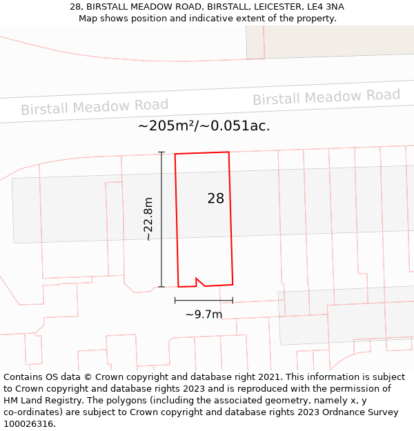 28, BIRSTALL MEADOW ROAD, BIRSTALL, LEICESTER, LE4 3NA: Plot and title map