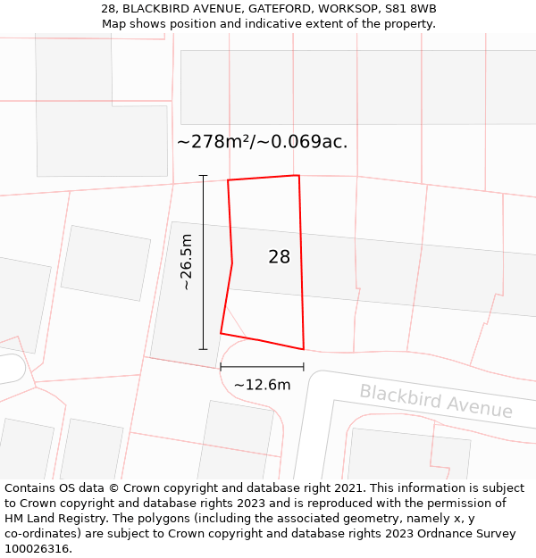 28, BLACKBIRD AVENUE, GATEFORD, WORKSOP, S81 8WB: Plot and title map