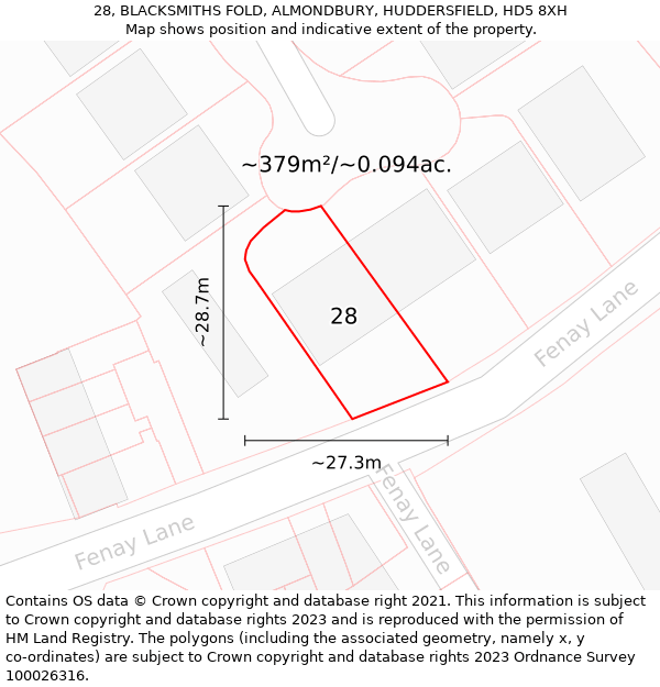 28, BLACKSMITHS FOLD, ALMONDBURY, HUDDERSFIELD, HD5 8XH: Plot and title map