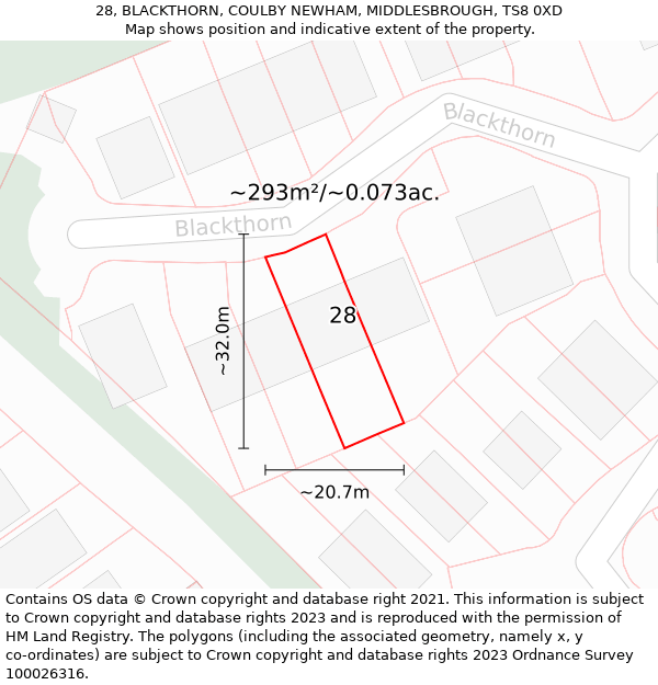 28, BLACKTHORN, COULBY NEWHAM, MIDDLESBROUGH, TS8 0XD: Plot and title map