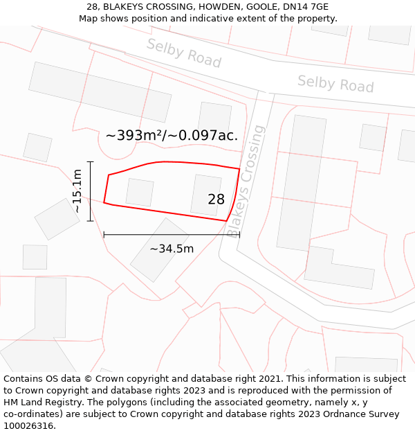 28, BLAKEYS CROSSING, HOWDEN, GOOLE, DN14 7GE: Plot and title map