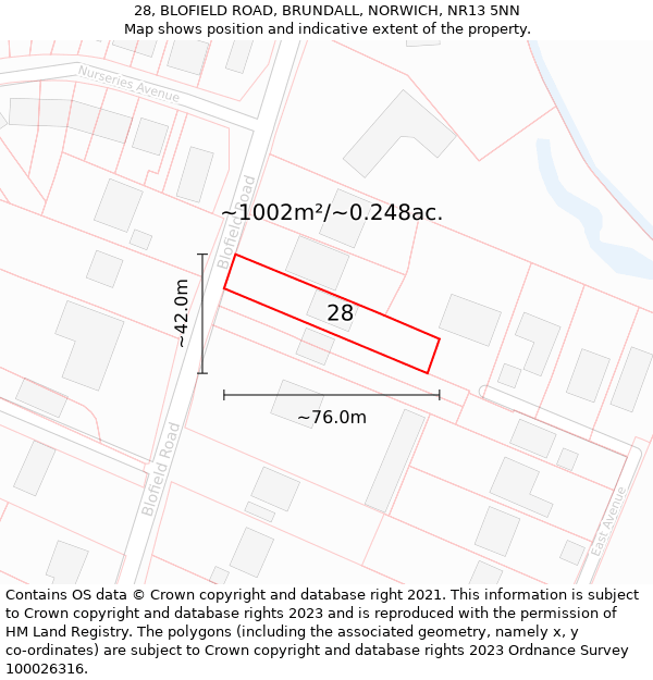 28, BLOFIELD ROAD, BRUNDALL, NORWICH, NR13 5NN: Plot and title map