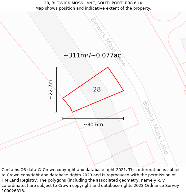 28, BLOWICK MOSS LANE, SOUTHPORT, PR8 6UX: Plot and title map