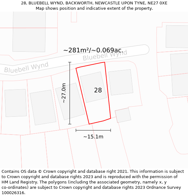 28, BLUEBELL WYND, BACKWORTH, NEWCASTLE UPON TYNE, NE27 0XE: Plot and title map