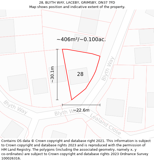 28, BLYTH WAY, LACEBY, GRIMSBY, DN37 7FD: Plot and title map