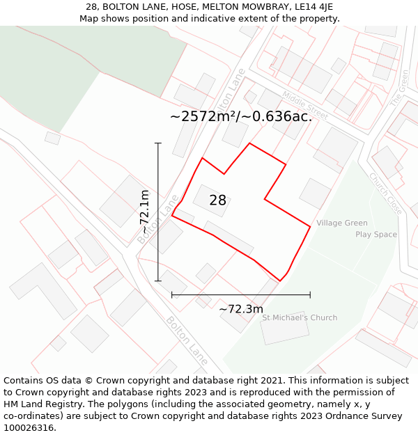 28, BOLTON LANE, HOSE, MELTON MOWBRAY, LE14 4JE: Plot and title map