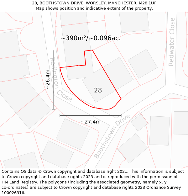 28, BOOTHSTOWN DRIVE, WORSLEY, MANCHESTER, M28 1UF: Plot and title map