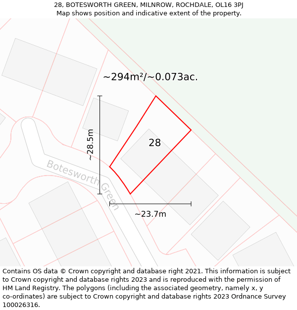 28, BOTESWORTH GREEN, MILNROW, ROCHDALE, OL16 3PJ: Plot and title map