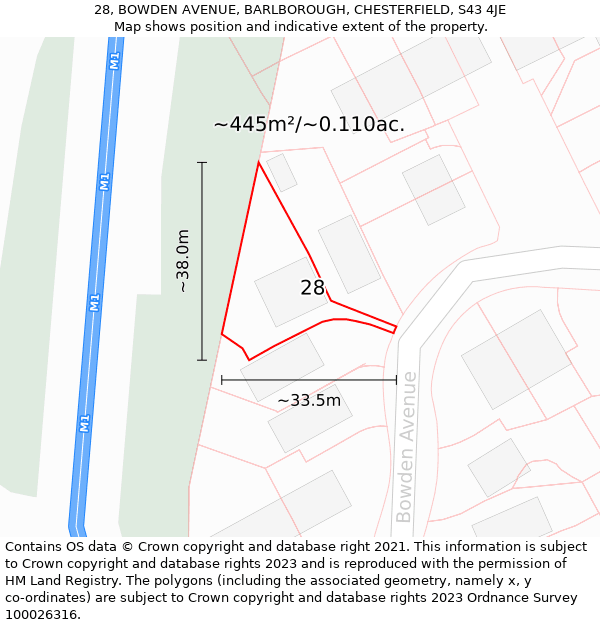 28, BOWDEN AVENUE, BARLBOROUGH, CHESTERFIELD, S43 4JE: Plot and title map