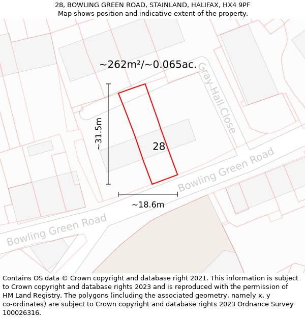 28, BOWLING GREEN ROAD, STAINLAND, HALIFAX, HX4 9PF: Plot and title map