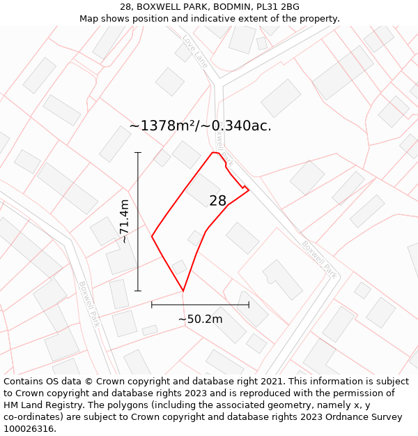 28, BOXWELL PARK, BODMIN, PL31 2BG: Plot and title map