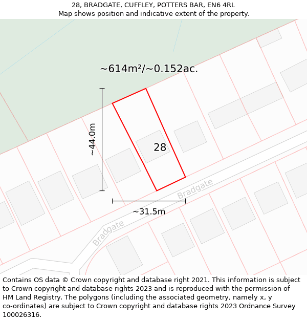 28, BRADGATE, CUFFLEY, POTTERS BAR, EN6 4RL: Plot and title map