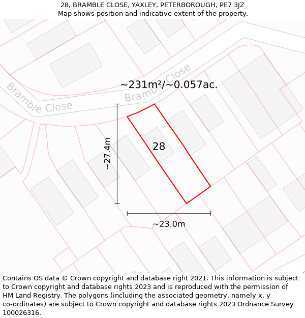 28, BRAMBLE CLOSE, YAXLEY, PETERBOROUGH, PE7 3JZ: Plot and title map