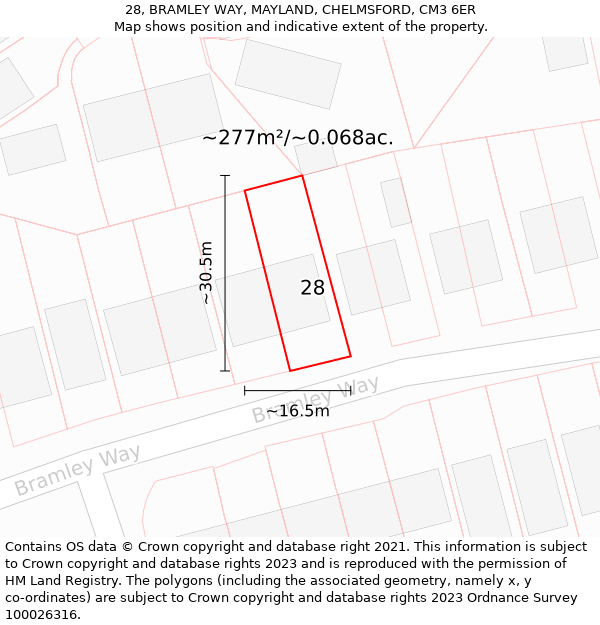 28, BRAMLEY WAY, MAYLAND, CHELMSFORD, CM3 6ER: Plot and title map