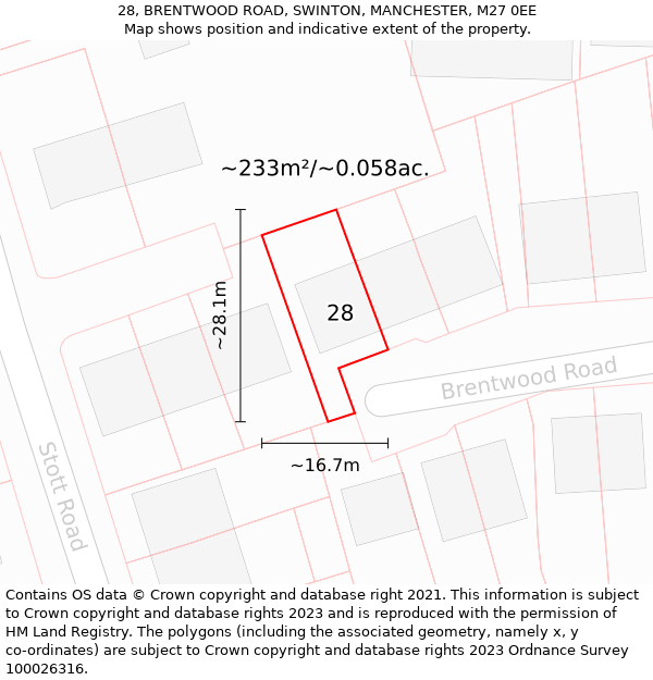 28, BRENTWOOD ROAD, SWINTON, MANCHESTER, M27 0EE: Plot and title map