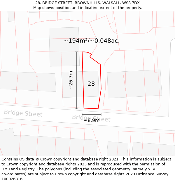 28, BRIDGE STREET, BROWNHILLS, WALSALL, WS8 7DX: Plot and title map