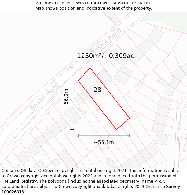 28, BRISTOL ROAD, WINTERBOURNE, BRISTOL, BS36 1RG: Plot and title map