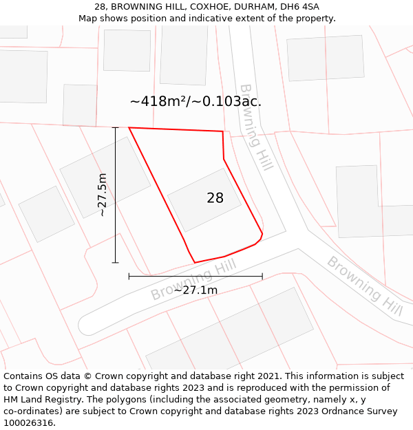 28, BROWNING HILL, COXHOE, DURHAM, DH6 4SA: Plot and title map