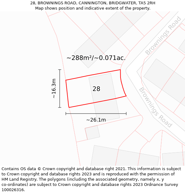 28, BROWNINGS ROAD, CANNINGTON, BRIDGWATER, TA5 2RH: Plot and title map