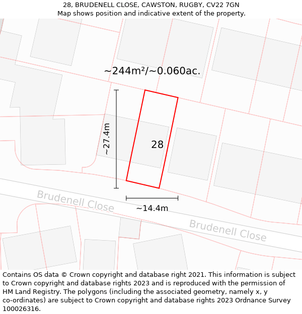 28, BRUDENELL CLOSE, CAWSTON, RUGBY, CV22 7GN: Plot and title map