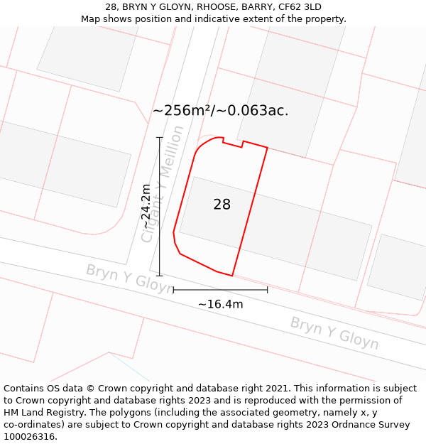 28, BRYN Y GLOYN, RHOOSE, BARRY, CF62 3LD: Plot and title map