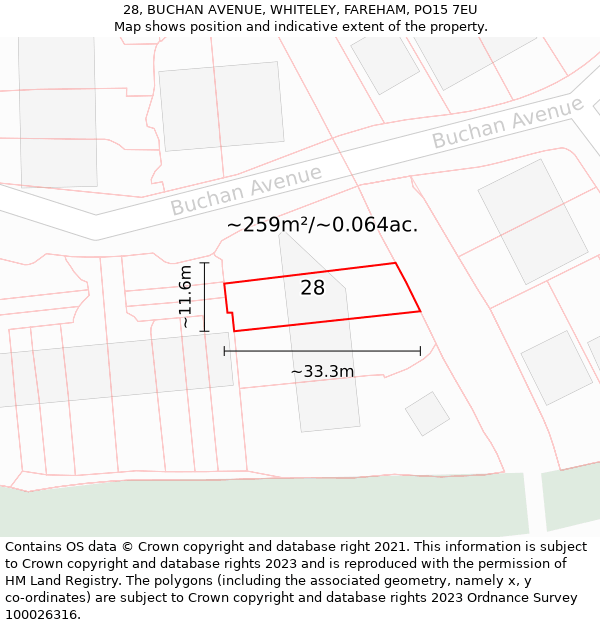 28, BUCHAN AVENUE, WHITELEY, FAREHAM, PO15 7EU: Plot and title map