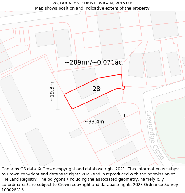 28, BUCKLAND DRIVE, WIGAN, WN5 0JR: Plot and title map