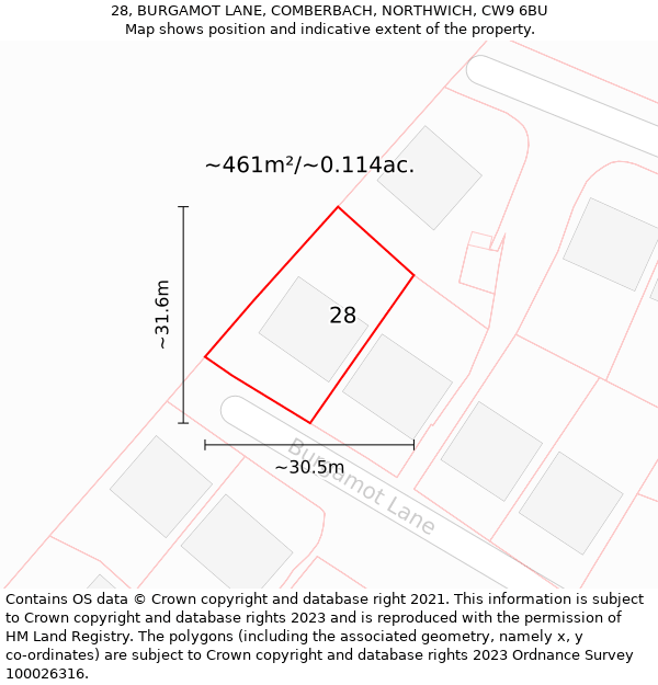 28, BURGAMOT LANE, COMBERBACH, NORTHWICH, CW9 6BU: Plot and title map