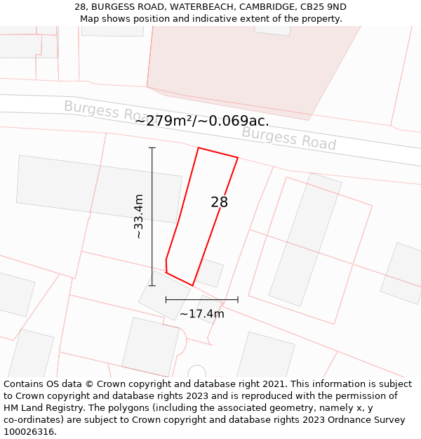 28, BURGESS ROAD, WATERBEACH, CAMBRIDGE, CB25 9ND: Plot and title map