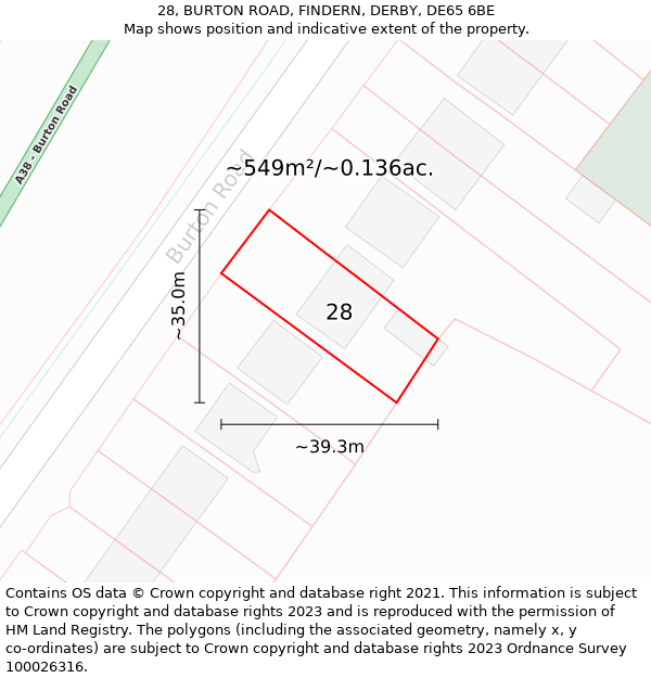 28, BURTON ROAD, FINDERN, DERBY, DE65 6BE: Plot and title map