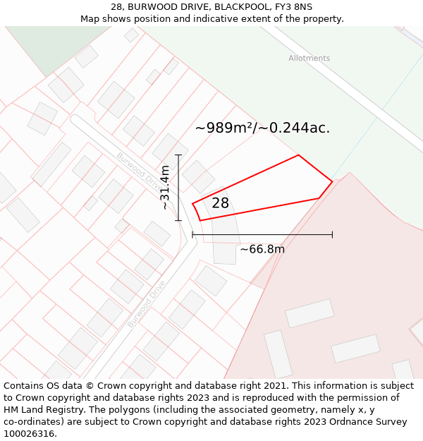 28, BURWOOD DRIVE, BLACKPOOL, FY3 8NS: Plot and title map