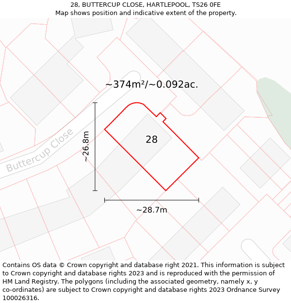 28, BUTTERCUP CLOSE, HARTLEPOOL, TS26 0FE: Plot and title map