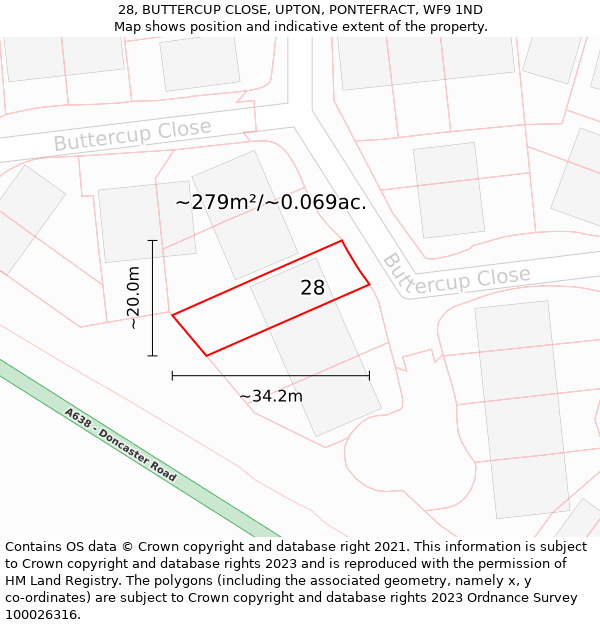 28, BUTTERCUP CLOSE, UPTON, PONTEFRACT, WF9 1ND: Plot and title map