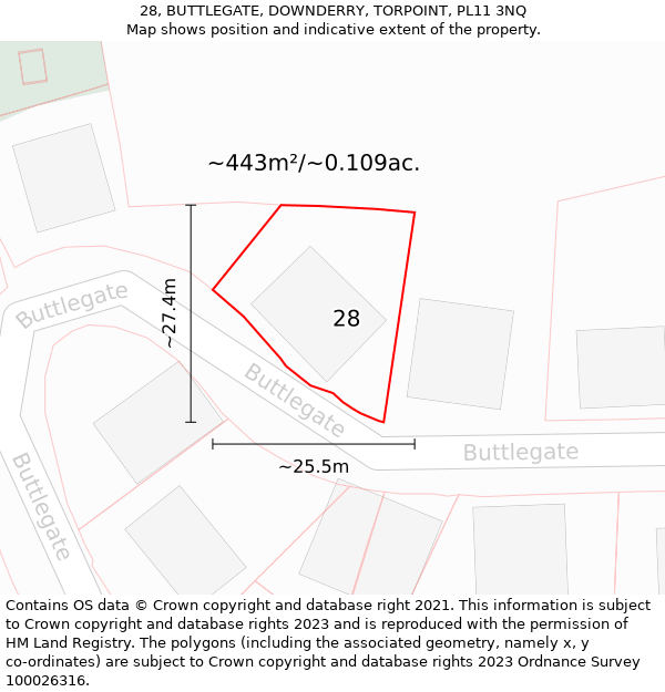 28, BUTTLEGATE, DOWNDERRY, TORPOINT, PL11 3NQ: Plot and title map