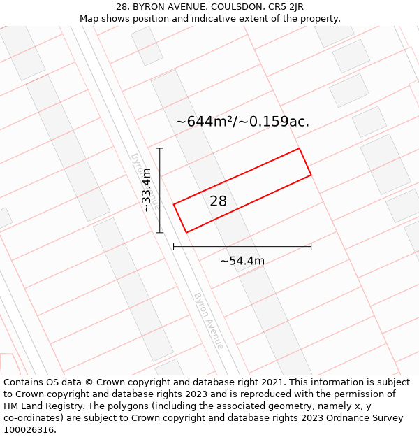 28, BYRON AVENUE, COULSDON, CR5 2JR: Plot and title map