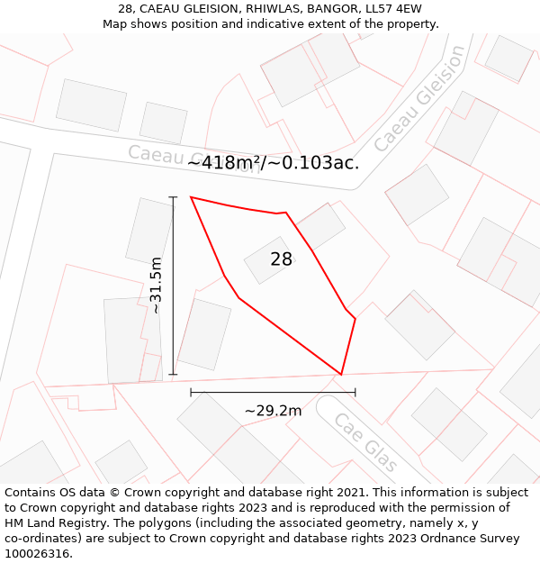 28, CAEAU GLEISION, RHIWLAS, BANGOR, LL57 4EW: Plot and title map