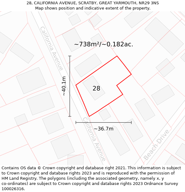 28, CALIFORNIA AVENUE, SCRATBY, GREAT YARMOUTH, NR29 3NS: Plot and title map