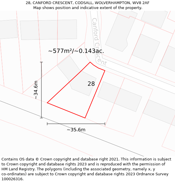 28, CANFORD CRESCENT, CODSALL, WOLVERHAMPTON, WV8 2AF: Plot and title map