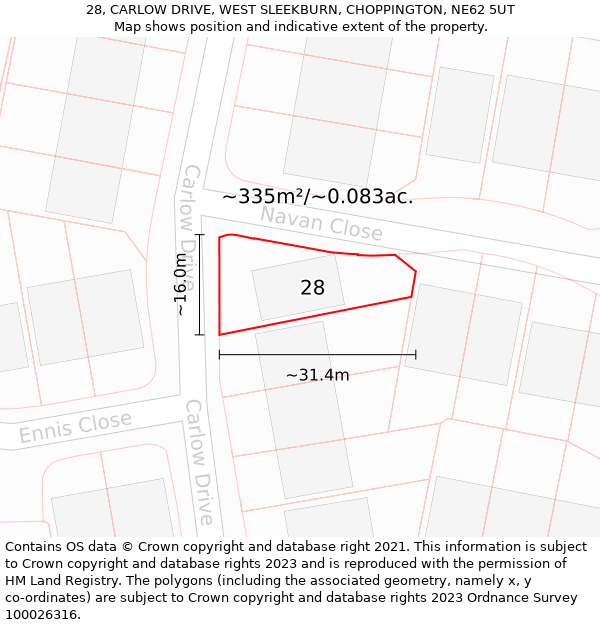 28, CARLOW DRIVE, WEST SLEEKBURN, CHOPPINGTON, NE62 5UT: Plot and title map