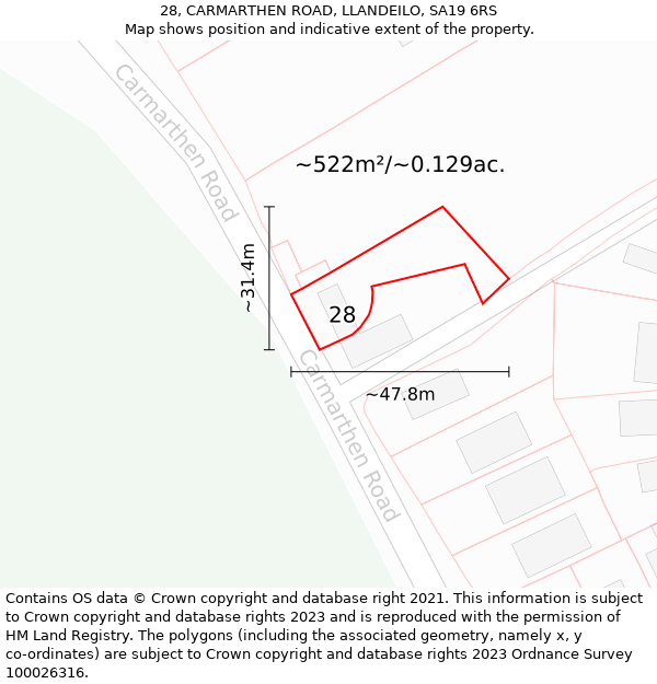 28, CARMARTHEN ROAD, LLANDEILO, SA19 6RS: Plot and title map