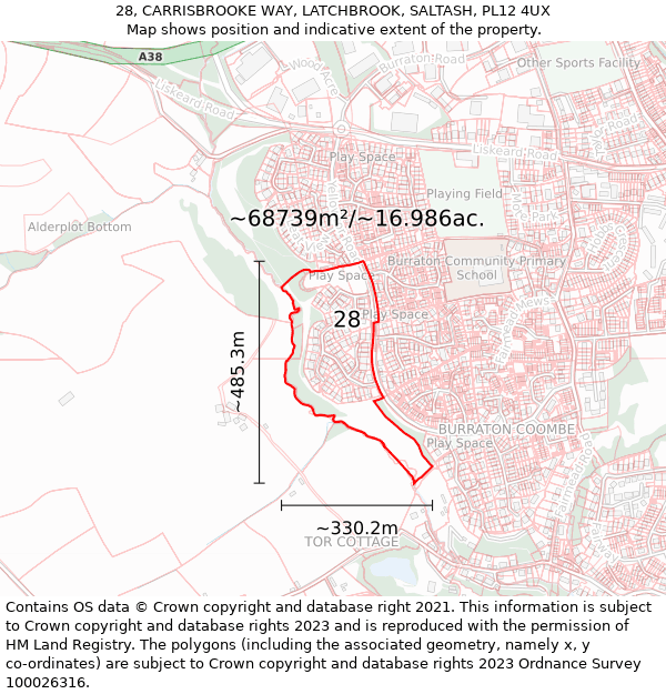 28, CARRISBROOKE WAY, LATCHBROOK, SALTASH, PL12 4UX: Plot and title map